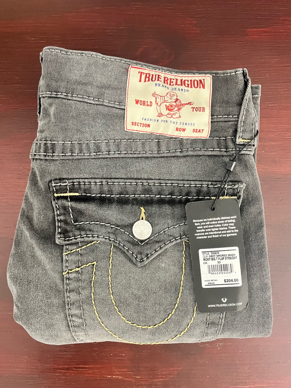 True Religion Jeans Mens Size 33x34 Ricky Big T Flap Relaxed Straight Gray Denim